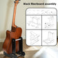 Vertical guitar stand with dark wood body and black base holding an acoustic guitar