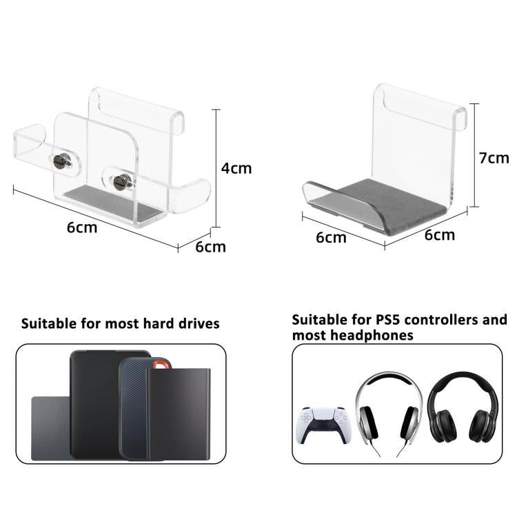 Clear acrylic dual-hook hanger with size measurements and hard drive and controller fit
