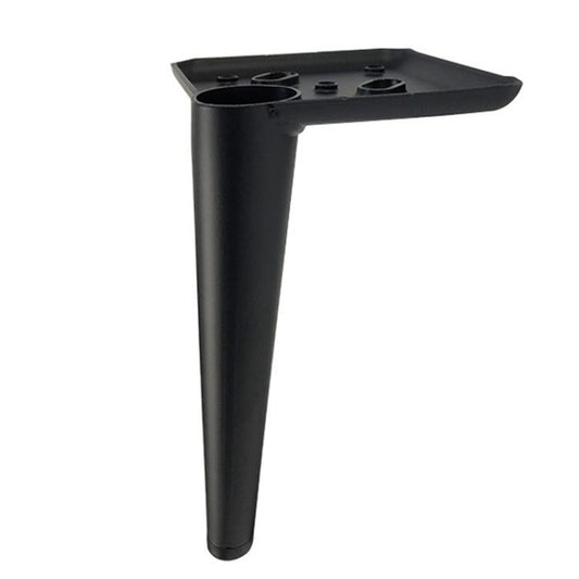 Black metal furniture leg with flat mounting plate and screw holes