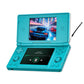 Blue flip dual-screen handheld game console with touchscreens and built-in controls