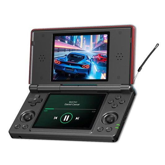 Black flip dual-screen handheld game console with touchscreens and side antenna