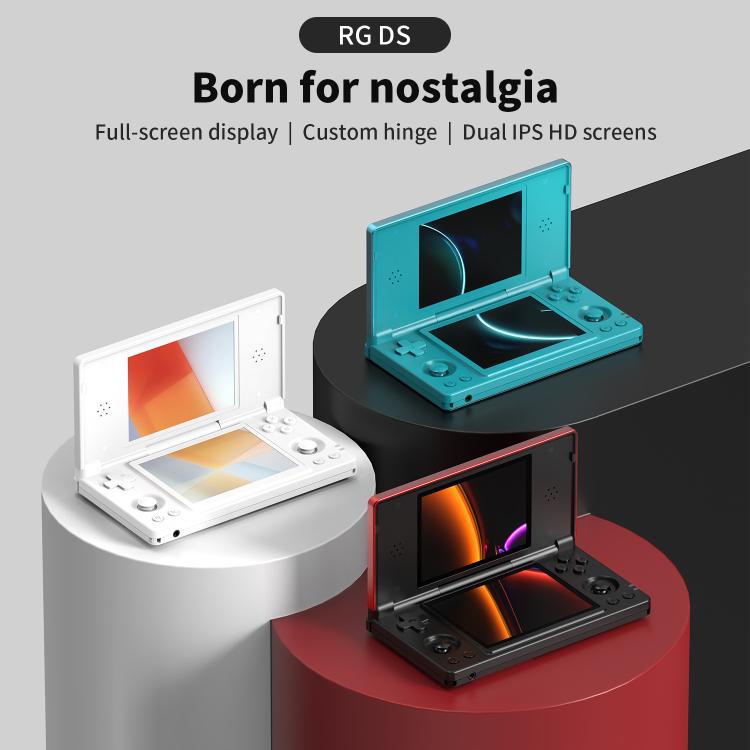 Blue and white flip dual-screen handheld game consoles on display stands