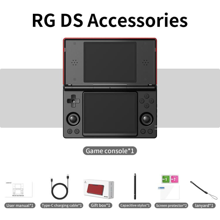 Dual-screen handheld game console with accessories shown: cable, gift box, stylus, protector