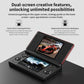 Black flip dual-screen handheld game console open with dual displays