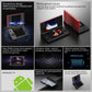Black dual-screen handheld game console with speaker icons, vibration, and battery diagram