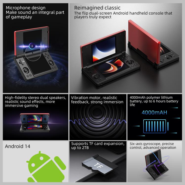 Black dual-screen handheld game console with speaker icons, vibration, and battery diagram