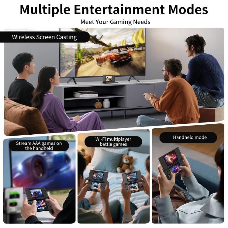 Dual-screen flip handheld game console shown in handheld and TV play use