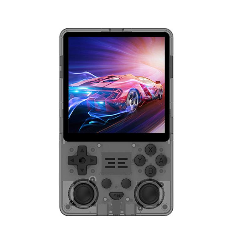 Handheld game console with 4-inch IPS screen, transparent black body and dual thumbsticks