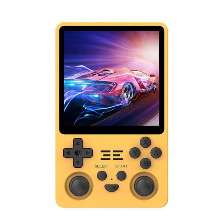 Handheld game console with 4-inch IPS screen, yellow body and dual thumbsticks