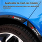 Wheel arch anti-collision strip sticker set installed on a blue car fender, red accents visible