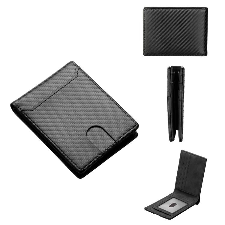 Black carbon-fiber bi-fold card wallet with ID window and card slots