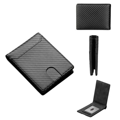 Black carbon-fiber bi-fold card wallet with ID window and card slots