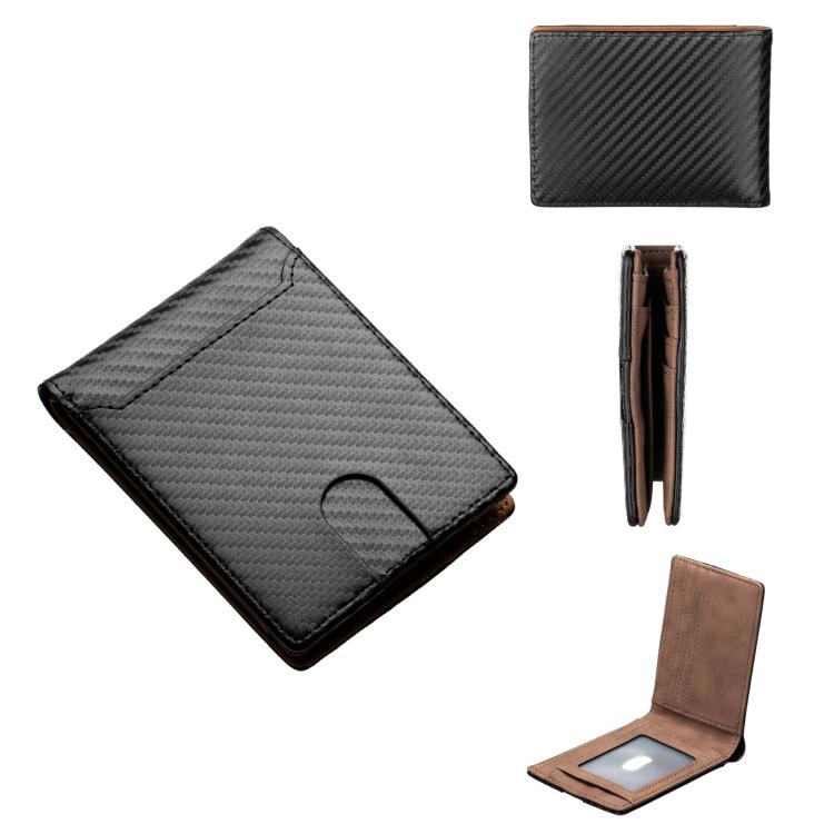 Brown carbon-fiber bi-fold card wallet with ID window and card slot divider