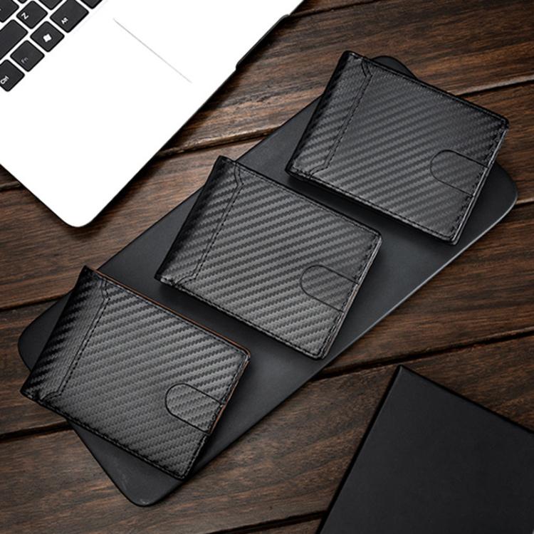 Carbon-fiber bi-fold card wallet set with dark frames and visible ID windows
