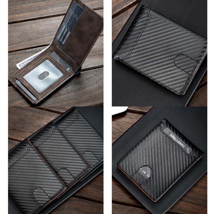 Carbon-fiber bi-fold card wallet opened to show card compartments and ID window