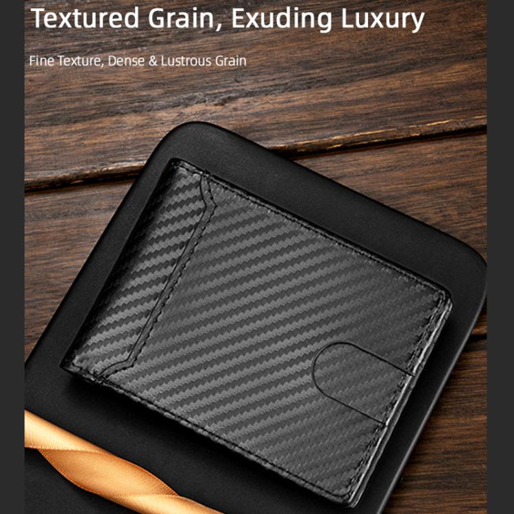 Black carbon-fiber bi-fold card wallet with stitched edges and ID window