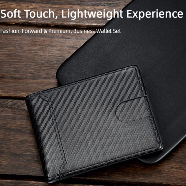 Black carbon-fiber bi-fold card wallet with smooth edge and stitched front panel