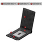 Black bi-fold card wallet open, showing card slots, cash area, and coin pocket