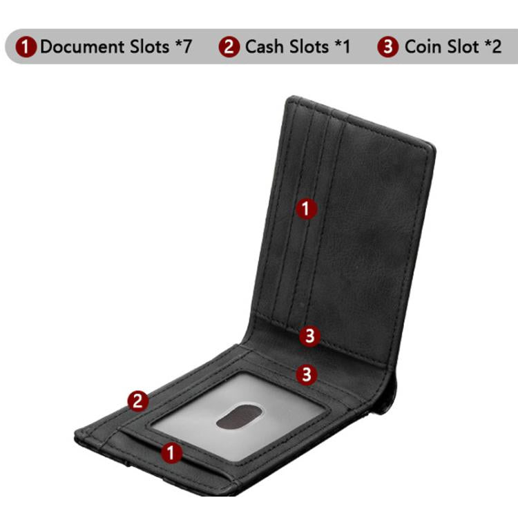 Black bi-fold card wallet open, showing card slots, cash area, and coin pocket