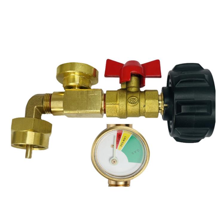 Brass propane refill adapter with red valve, pressure gauge, and black connector knob