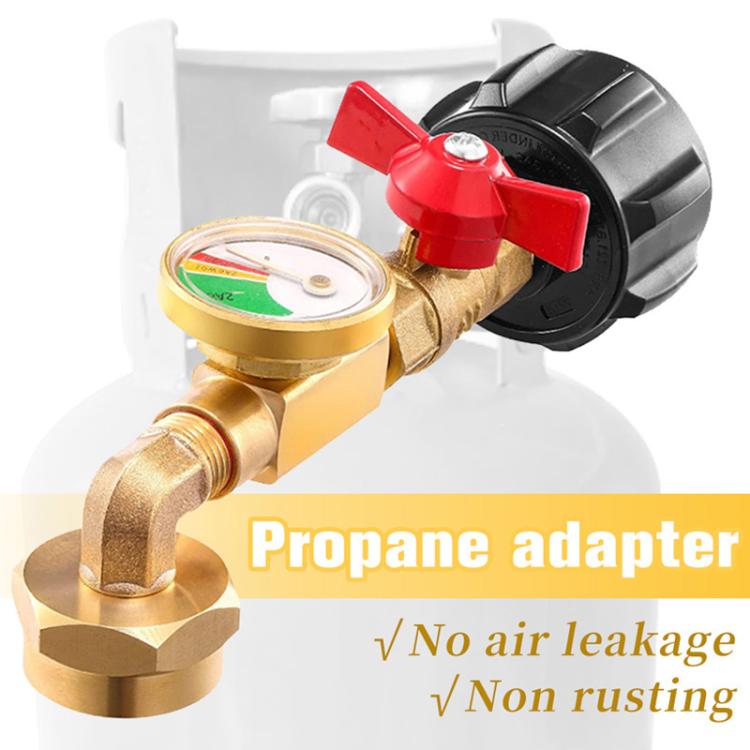 Brass propane adapter with pressure gauge, red hand valve, and black gas connector