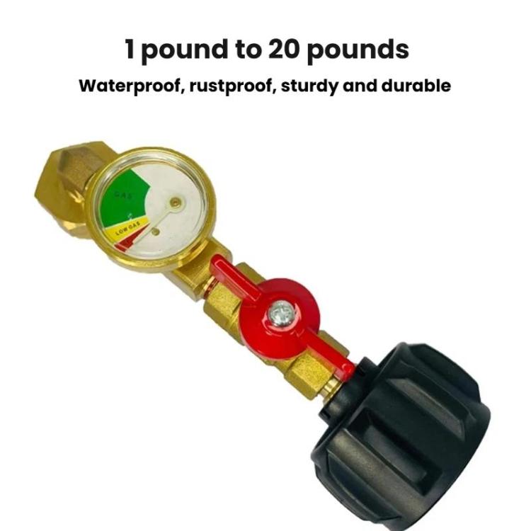 Propane refill adapter with green gauge needle, red lever, and brass fittings
