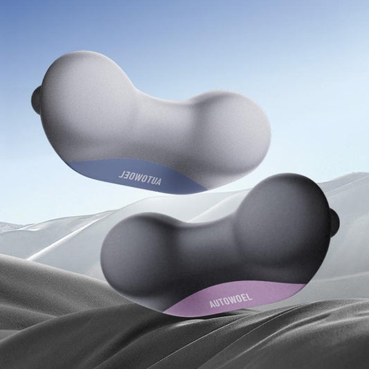 Gray-blue contoured neck support pillow, two-piece setup on seat