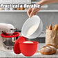 Red silicone mixing bowl lid with insert, open over batter and dough