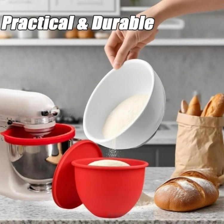 Red silicone mixing bowl lid with insert, open over batter and dough