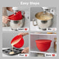 Red silicone mixing bowl lid shown inserting, pouring, and storing