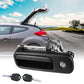 Black rear hatch handle with lock cylinder and keys, angled view of assembly