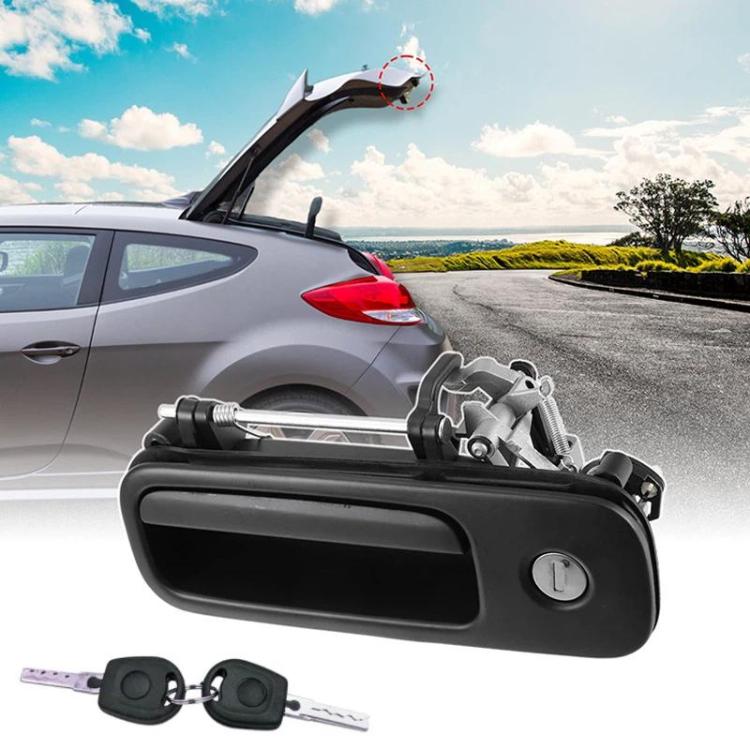 Black rear hatch handle with lock cylinder and keys, angled view of assembly