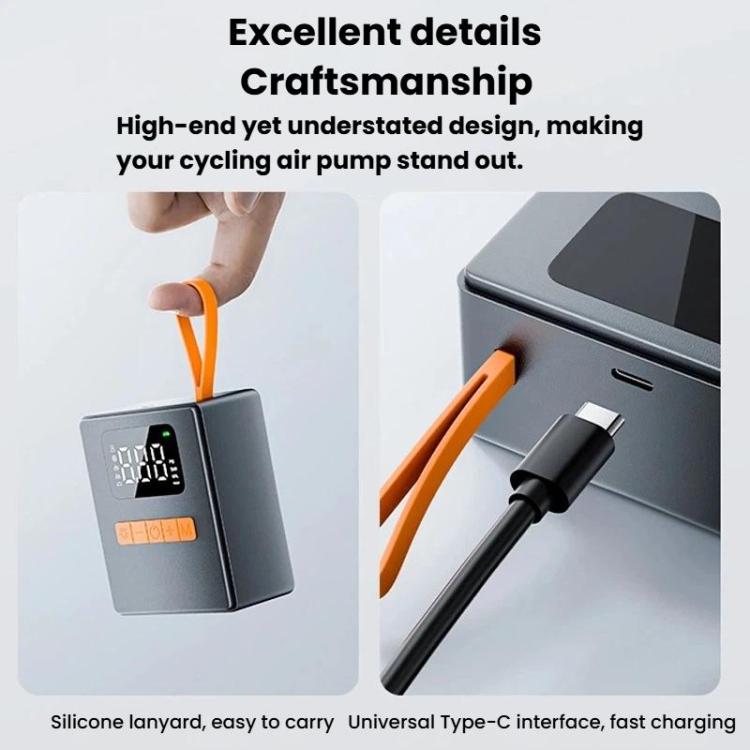 Portable tire inflator with orange lanyard and nozzle attachment, dark grey body