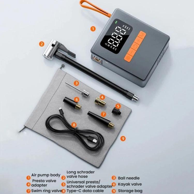 Portable digital tire inflator pump kit with pressure display and valve adapters, gray