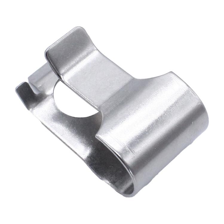 Metal turbocharger actuator retaining clip, angled view with spring tabs