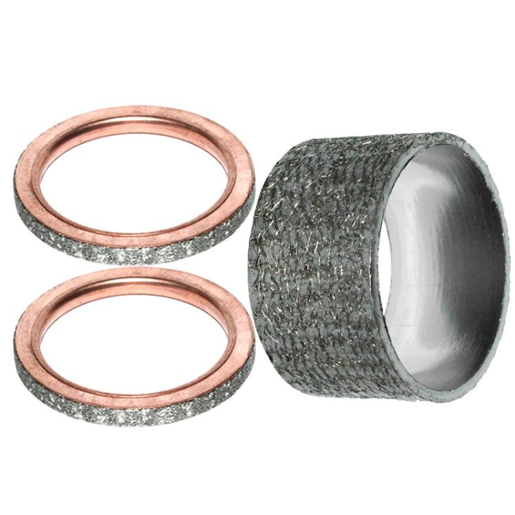 Exhaust pipe gasket set with two copper rings and two dark fiber gaskets