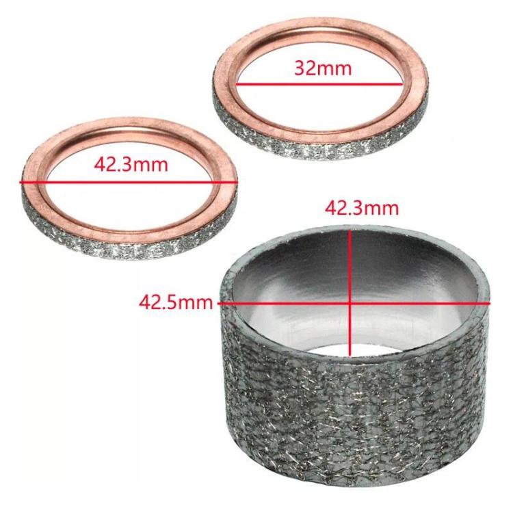 Exhaust gasket with copper sealing rings and diameter measurements (32–42.5 mm)