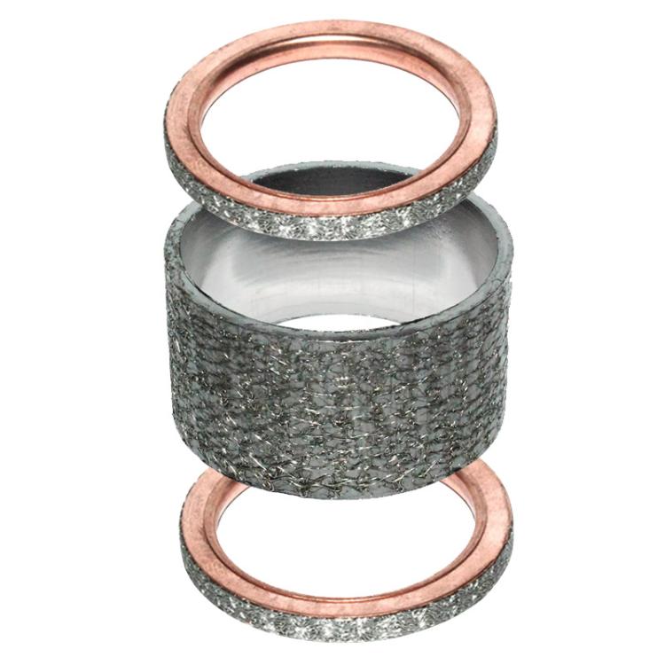 Stacked exhaust pipe gaskets: dark fiber sleeve with copper sealing rings