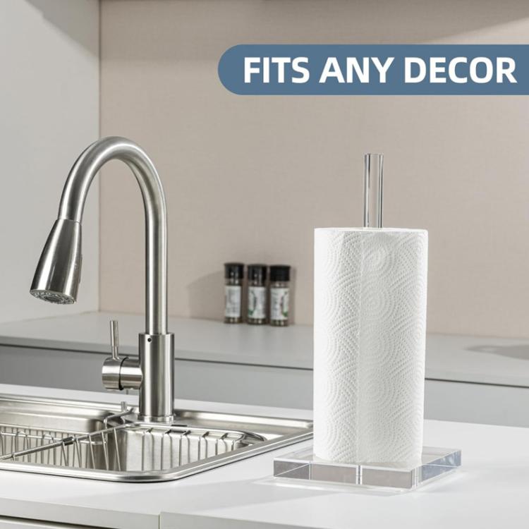 Clear acrylic toilet paper holder on counter with tall tube for roll