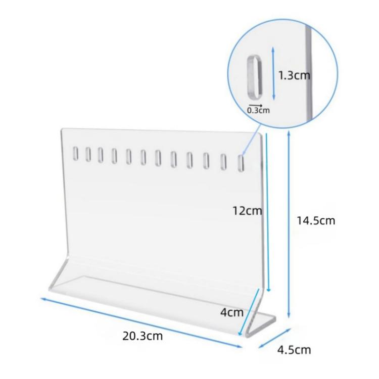 Clear acrylic lure display stand with dimensions shown: 20.3cm x 14.5cm x 12cm