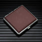 Brown leather cigarette case with metal trim, hinged lid closed.