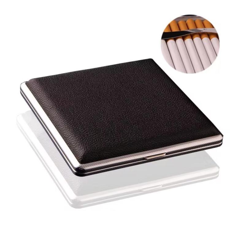 Black leather cigarette case with silver metal frame, hinged lid closed.