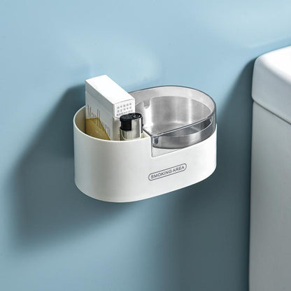 Wall-mounted stainless ashtray with lid, white holder and round silver metal top