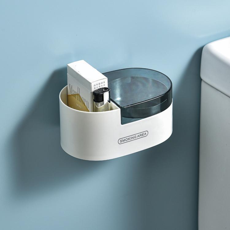 Wall-mounted stainless ashtray with lid, white base with open round metal cover