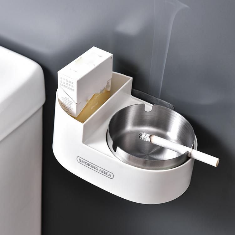 Wall-mounted stainless ashtray with lid, white base with open round metal cup