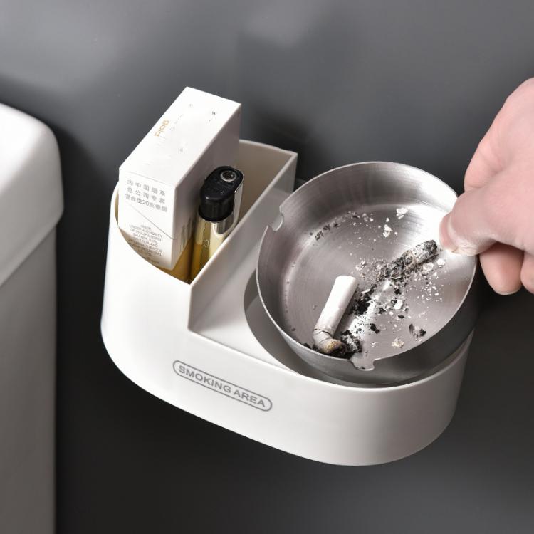 Wall-mounted stainless ashtray with lid, white base with removable ash cup and handle