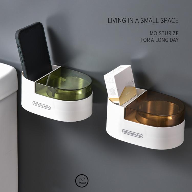 Two wall-mounted stainless ashtrays with lids, white bases with green and bronze cups