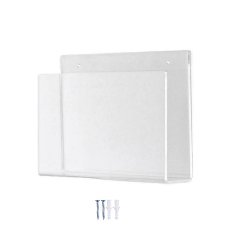 Wall-mounted clear acrylic magazine rack with single pocket and included mounting hardware