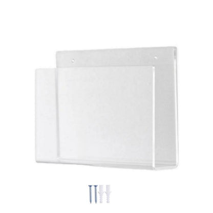 Wall-mounted clear acrylic magazine rack with single pocket and included mounting hardware