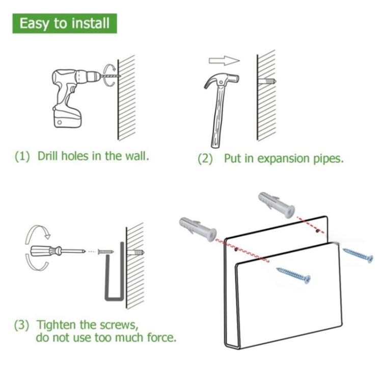 Acrylic wall rack installation diagram with drill, screws, and expansion pipes